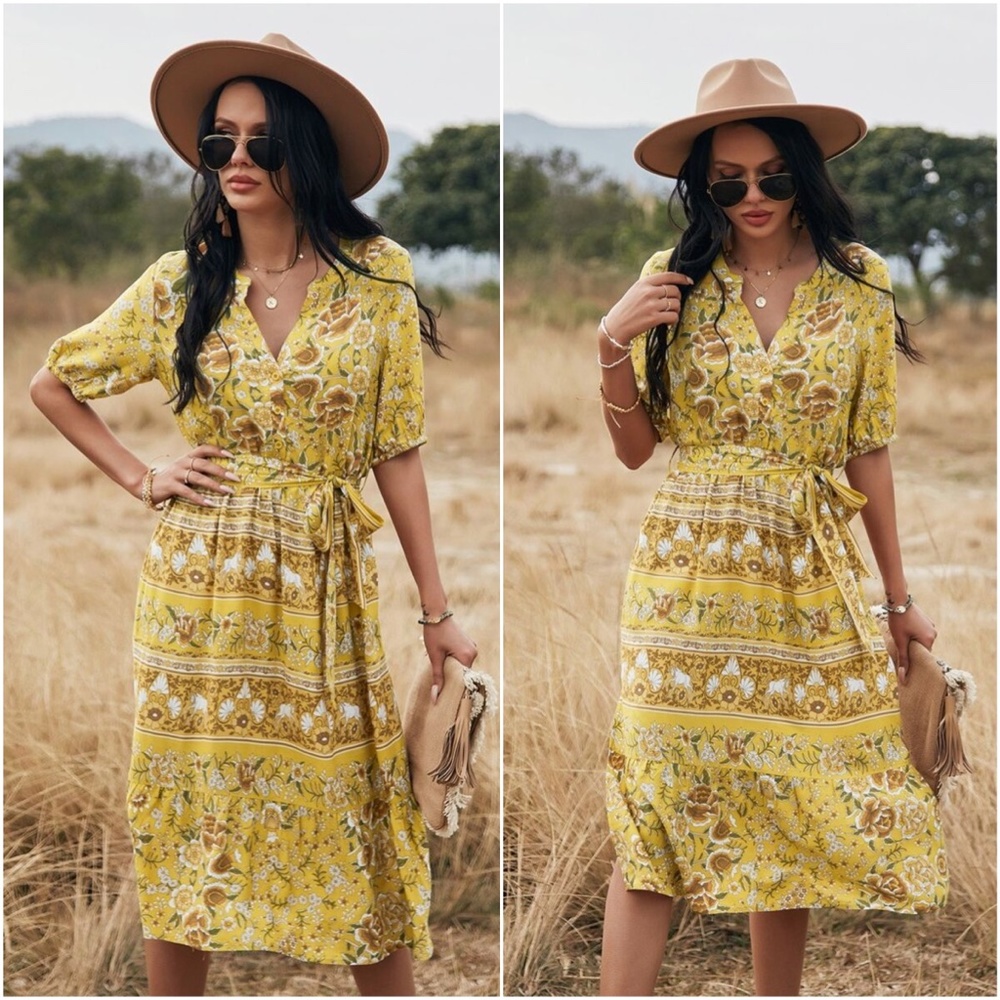 boho floral print v neck belted side slit dress - Picture 4 of 6